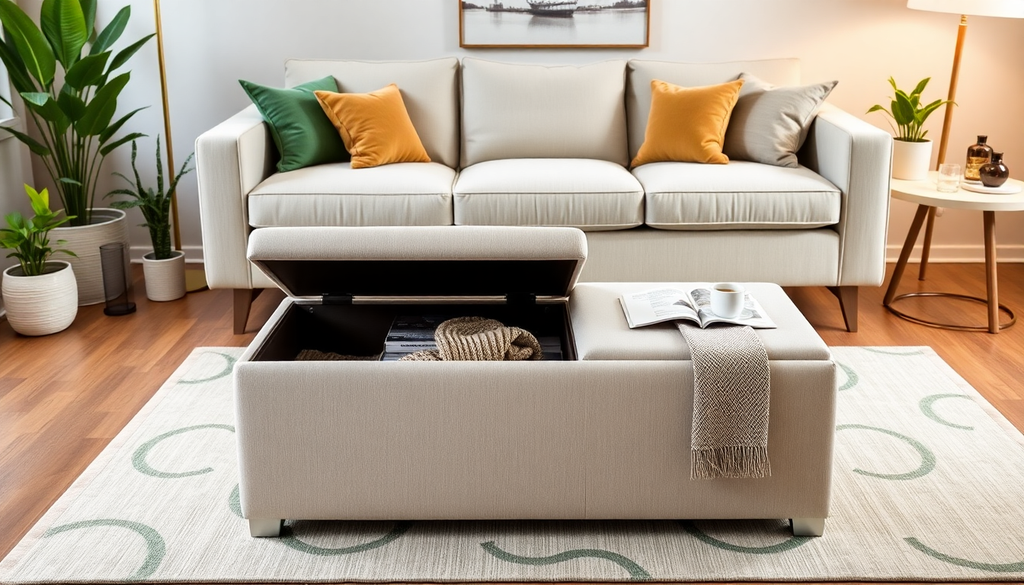 Opt for furniture that serves multiple purposes, like storage ottomans