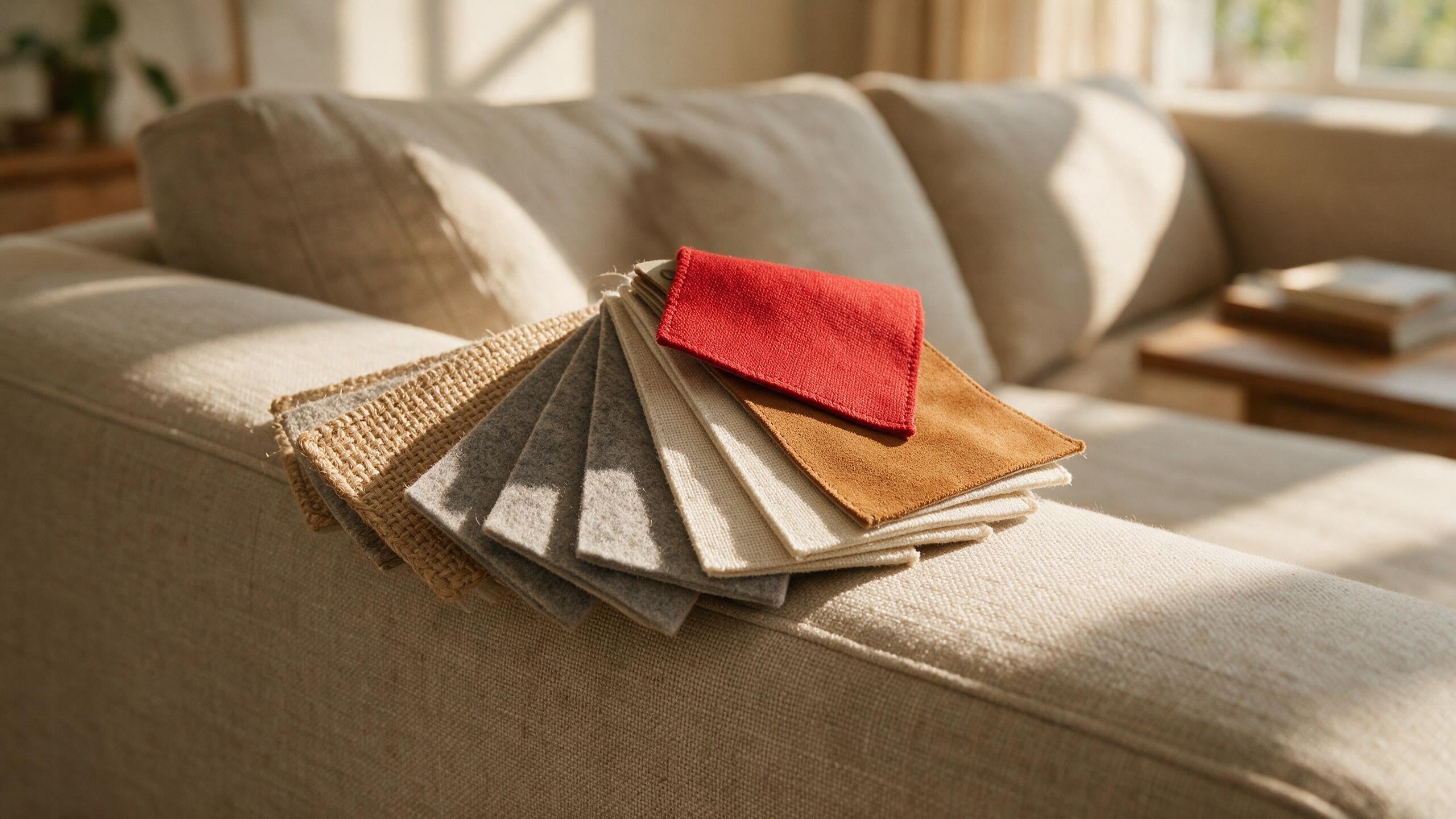 Fabric swatches of jute, felt, linen and suede resting on a sofa arm