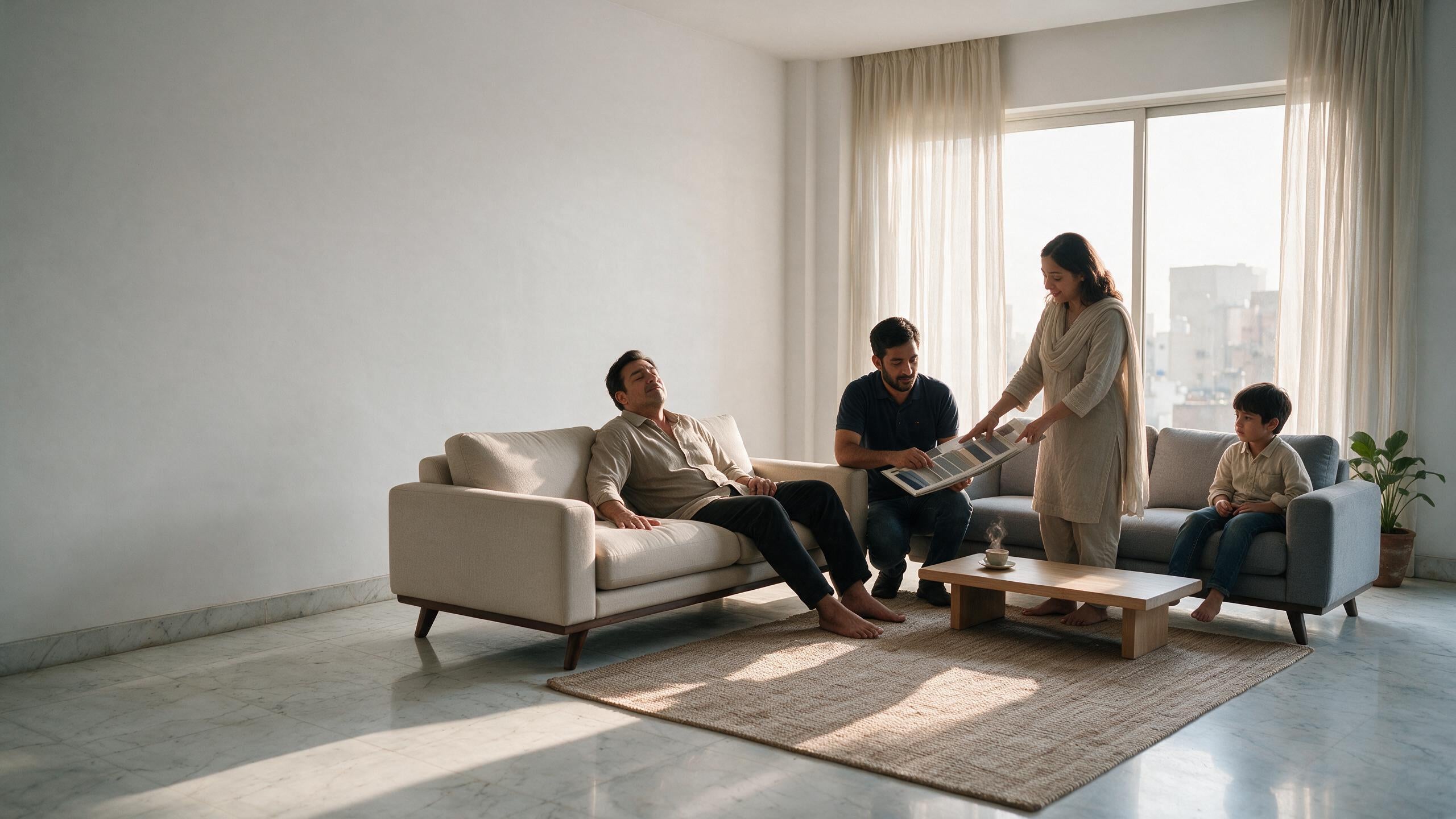 A Seats home visit: a father tests the SS-61 sofa while staff show the family fabric swatches in the afternoon light